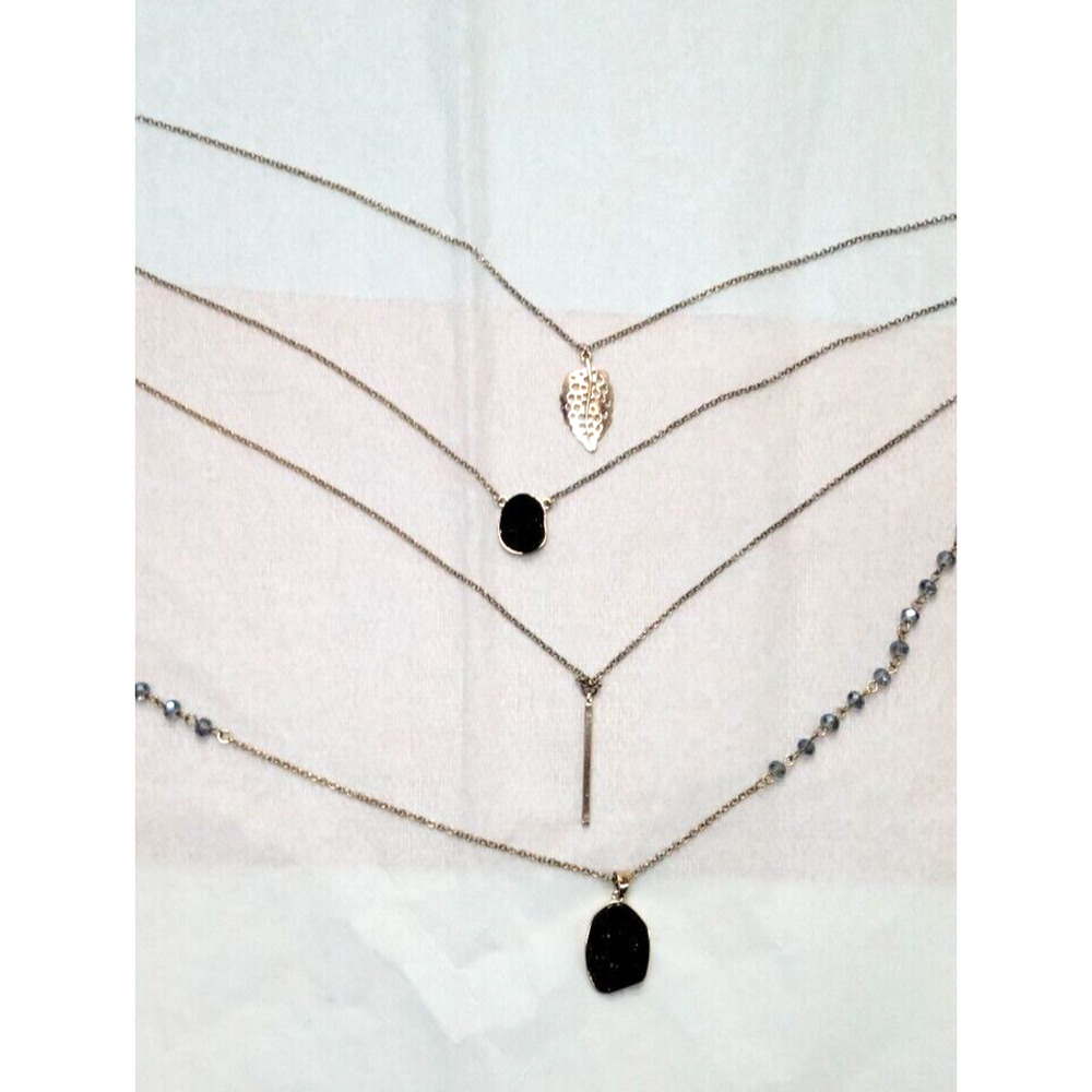 Fashion Silver Tone Multi Layered Black Faux Geode Style Pendants Necklace 15.5"